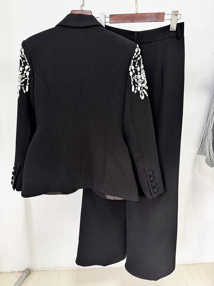 Emani Tailored Pantsuit with V-Neck and Beaded Shoulders. - Hot fashionista