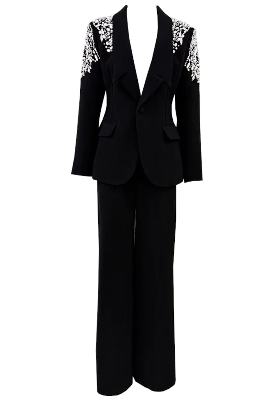 Emani Tailored Pantsuit with V-Neck and Beaded Shoulders. - Hot fashionista