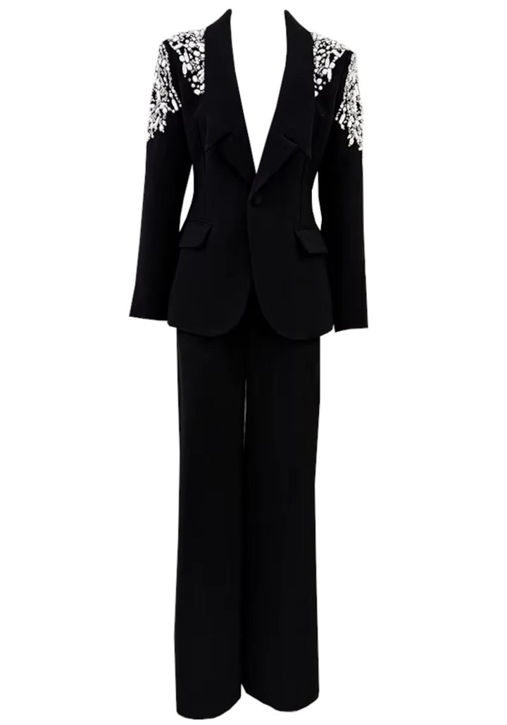 Emani Tailored Pantsuit with V-Neck and Beaded Shoulders. - Hot fashionista