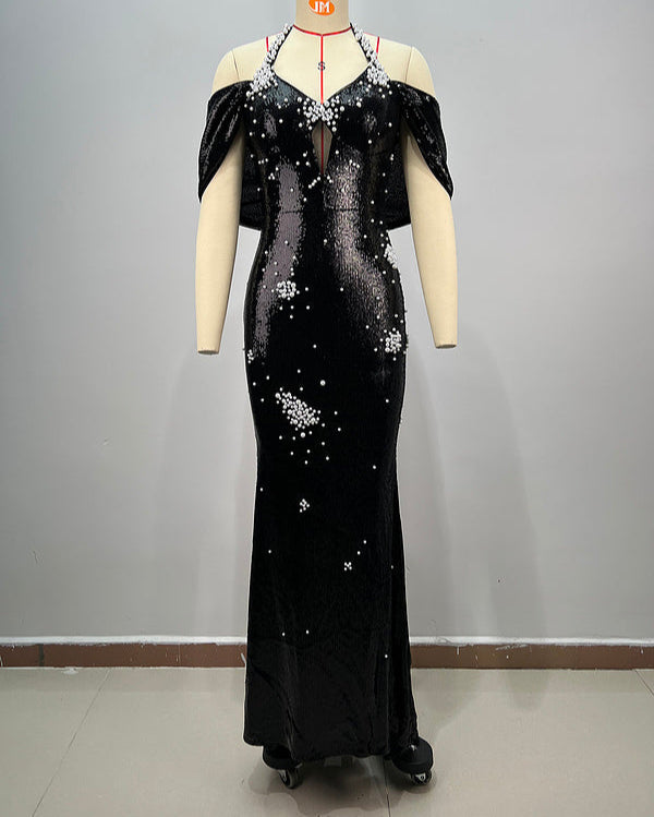 Emberlyn Halter Bardot Pearl Sequin Maxi Dress - Hot fashionista