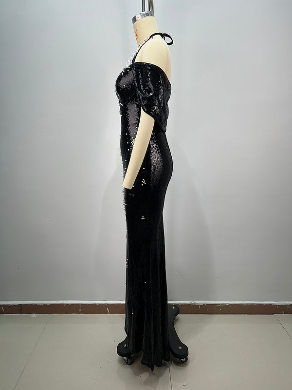Emberlyn Halter Bardot Pearl Sequin Maxi Dress - Hot fashionista