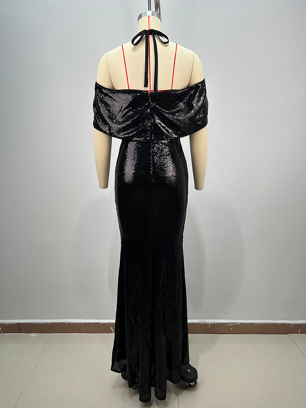 Emberlyn Halter Bardot Pearl Sequin Maxi Dress - Hot fashionista