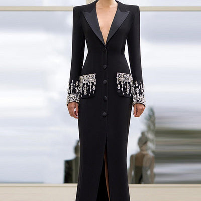 Hot Fashionista Emmylou Long Sleeve Rhinestone Embellished Blazer Maxi Dress