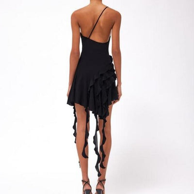 Hot Fashionista Erna One Strap Rose-Detail Ruffle Mini Dress