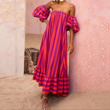 Puff Sleeve Stripe Printed Casual Maxi Dress