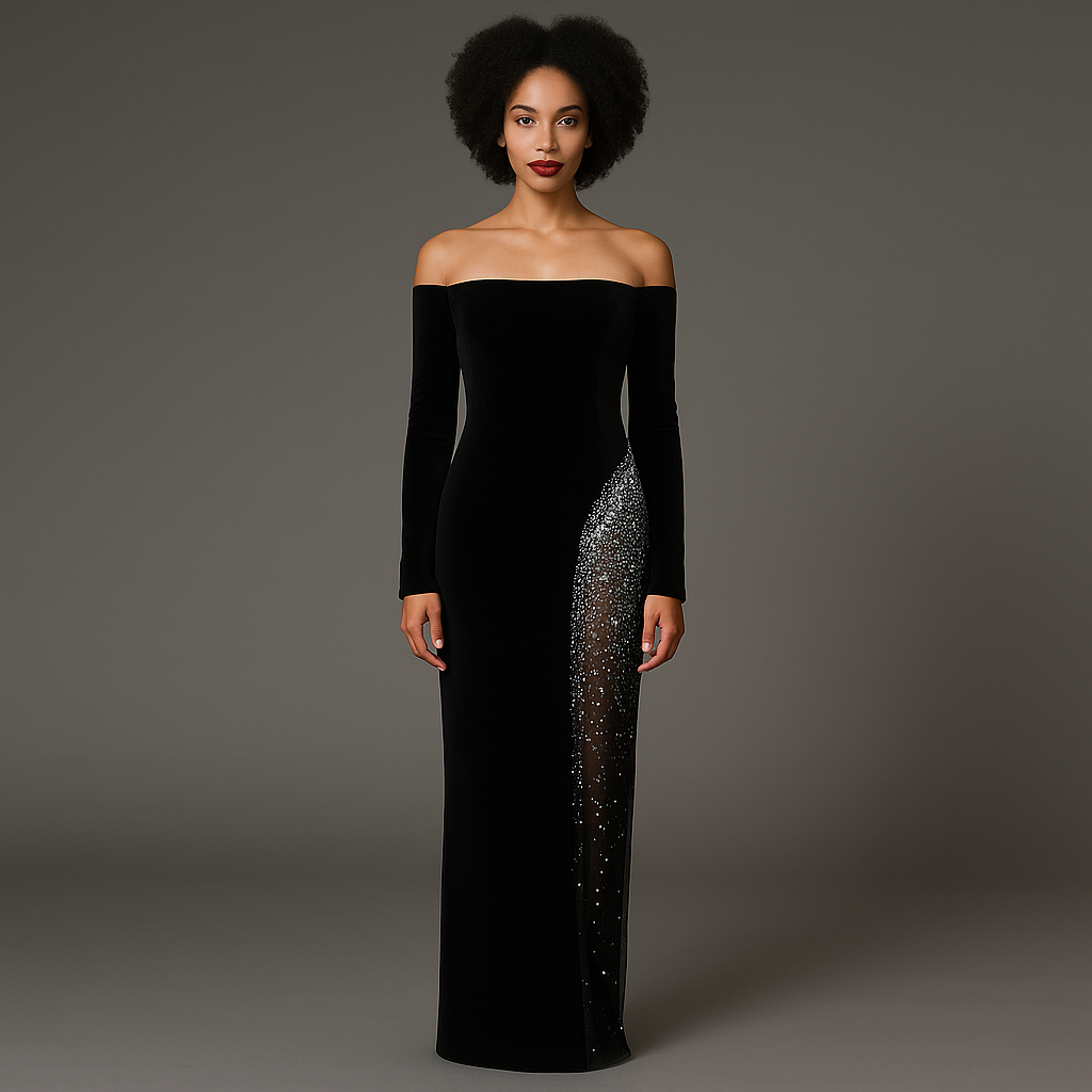 Everly Black Velvet Dress With Embroidery On Slit Dress - Hot fashionista