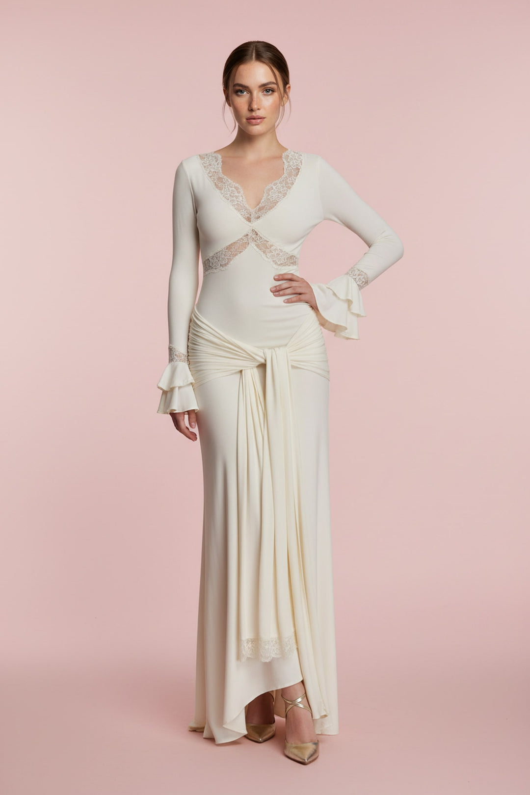 Addison Meshki Cream Long Sleeve Dress with Lace Dress Addison Meshki Cream Long Sleeve Dress with Lace Dress