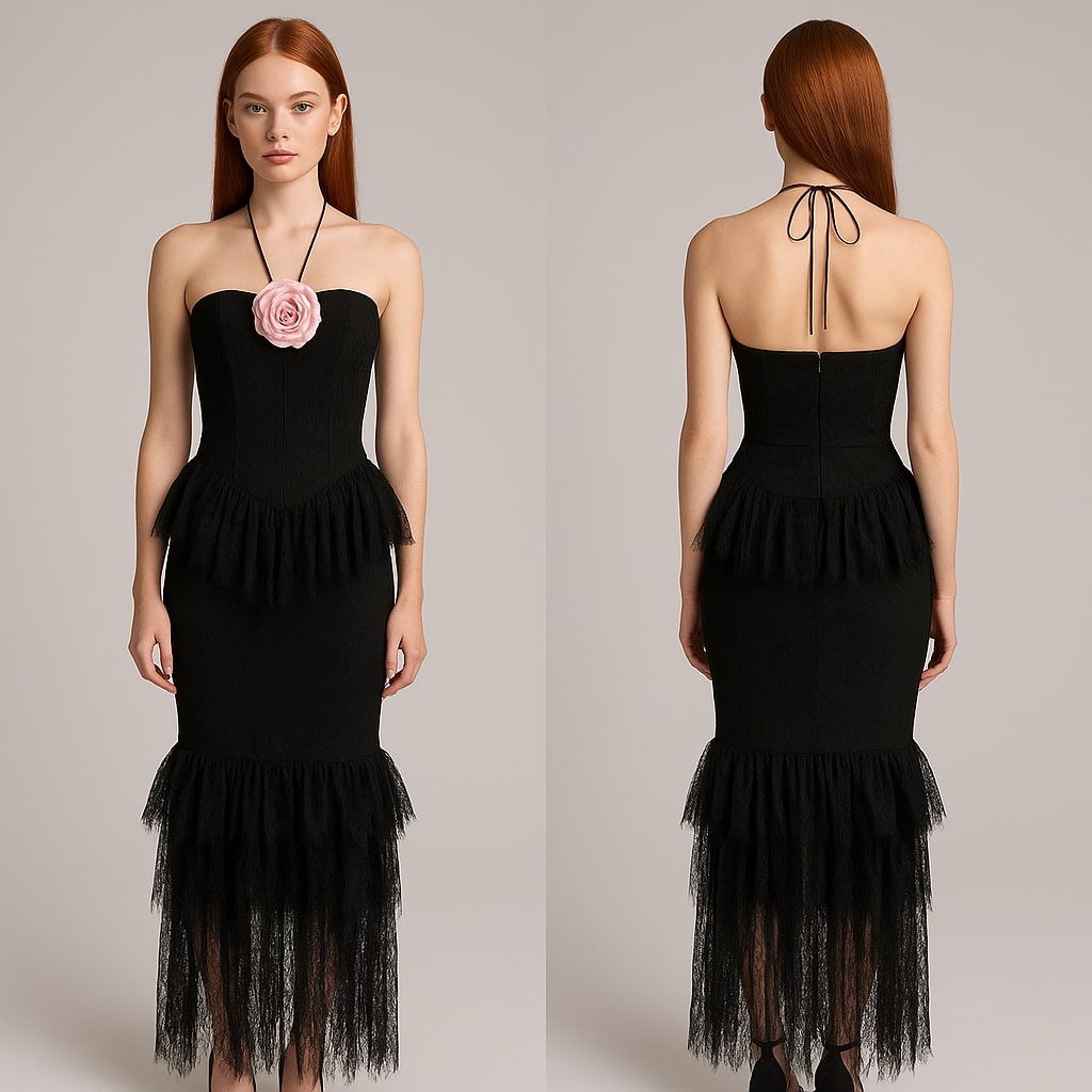 Hot Fashionista - Women's Online Fashion Dress | Adley Halter Floral Lace Ruffle Maxi Dress