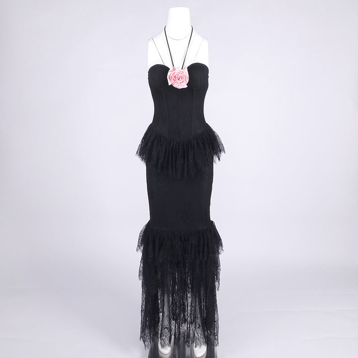 Hot Fashionista - Women's Online Fashion Dress | Adley Halter Floral Lace Ruffle Maxi Dress