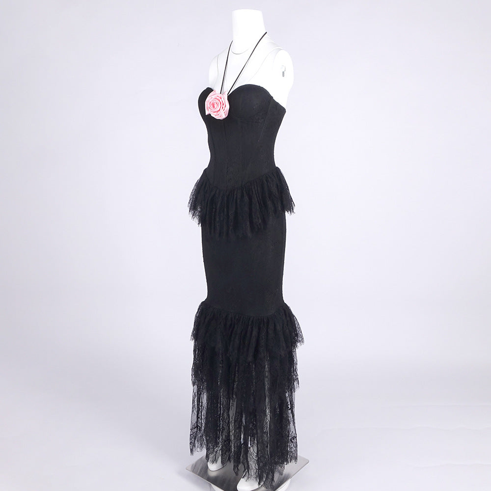 Hot Fashionista - Women's Online Fashion Dress | Adley Halter Floral Lace Ruffle Maxi Dress