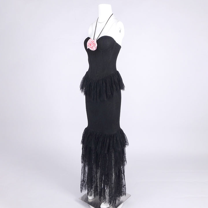 Hot Fashionista - Women's Online Fashion Dress | Adley Halter Floral Lace Ruffle Maxi Dress