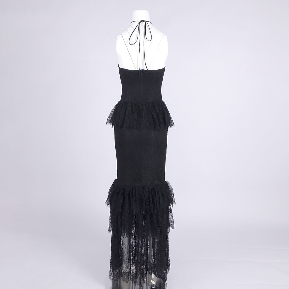 Hot Fashionista - Women's Online Fashion Dress | Adley Halter Floral Lace Ruffle Maxi Dress