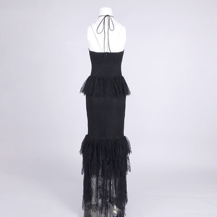 Hot Fashionista - Women's Online Fashion Dress | Adley Halter Floral Lace Ruffle Maxi Dress