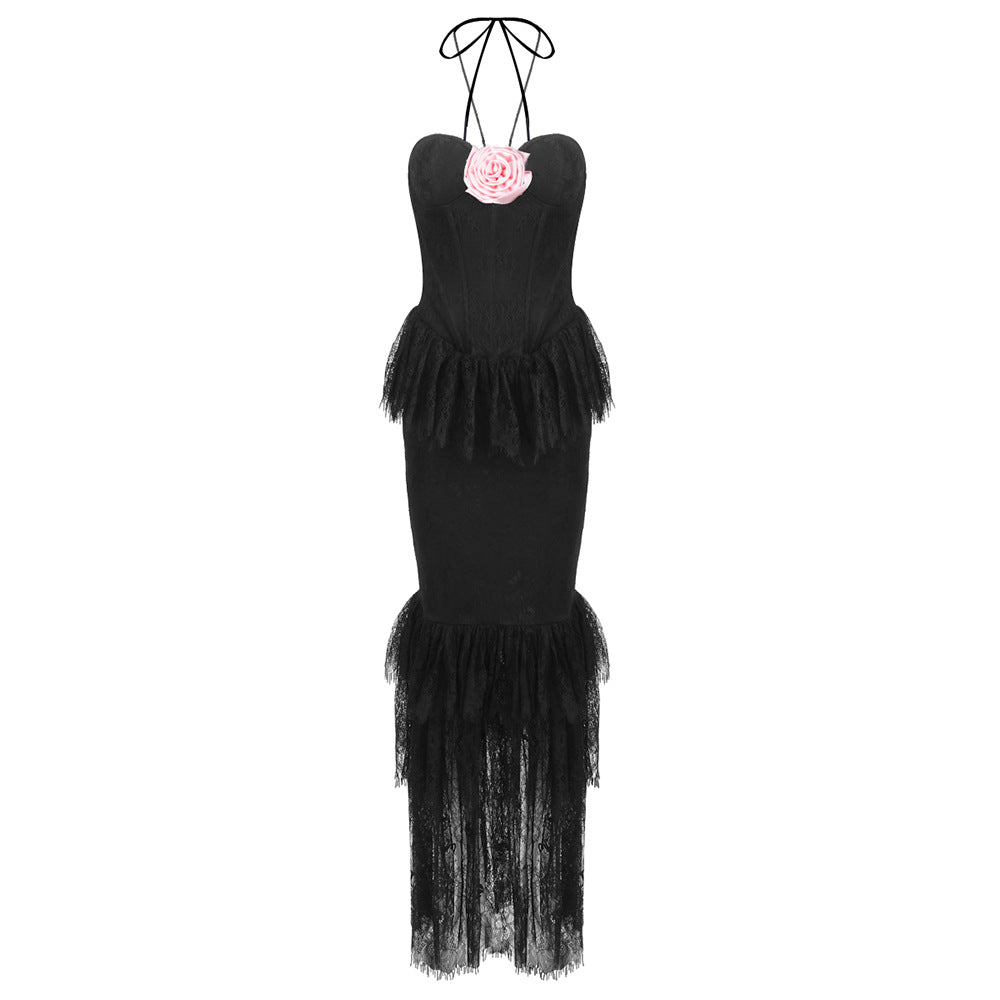 Adley Halter Floral Lace Ruffle Maxi Dress
