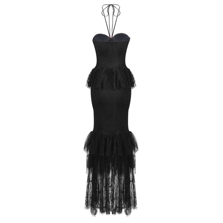 Hot Fashionista - Women's Online Fashion Dress | Adley Halter Floral Lace Ruffle Maxi Dress