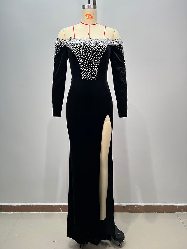 Hot Fashionista - Women's Online Fashion Dress | Alora Off the Shoulder Long Sleeves Beaded Maxi Dress