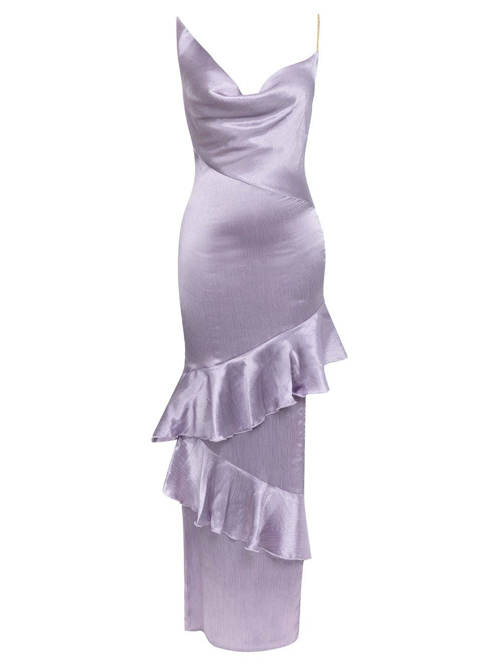 Hot Fashionista - Women's Online Fashion Dress | Anima Ruffle Trim Asymmetrical Hem Satin Midi Dress