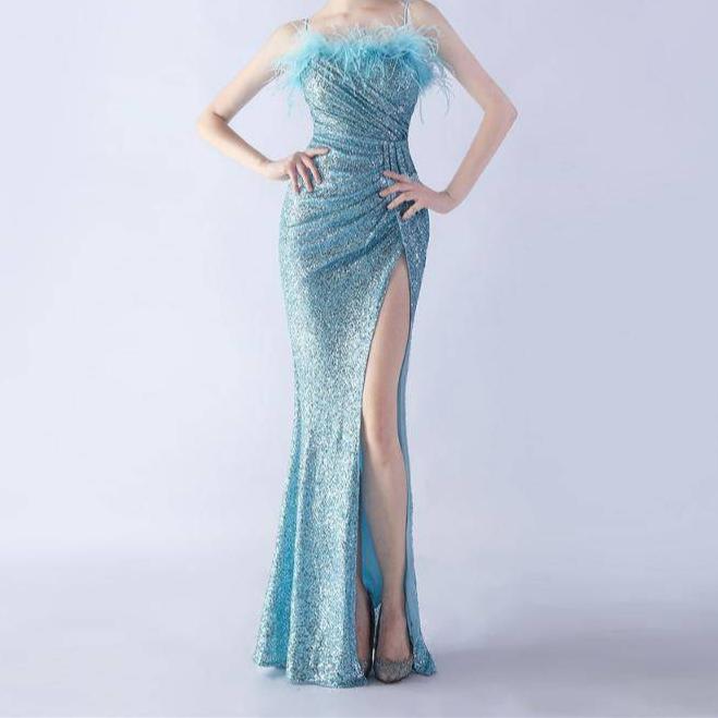 Hot Fashionista - Women's Online Fashion Dress | Annabeth Spaghetti Straps Feathered Maxi Dress