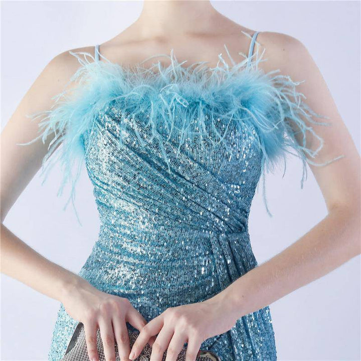 Hot Fashionista - Women's Online Fashion Dress | Annabeth Spaghetti Straps Feathered Maxi Dress