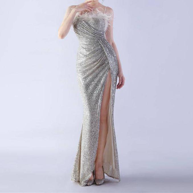 Hot Fashionista - Women's Online Fashion Dress | Annabeth Spaghetti Straps Feathered Maxi Dress