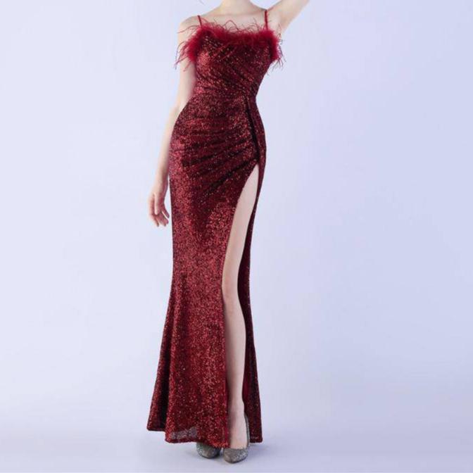 Hot Fashionista - Women's Online Fashion Dress | Annabeth Spaghetti Straps Feathered Maxi Dress