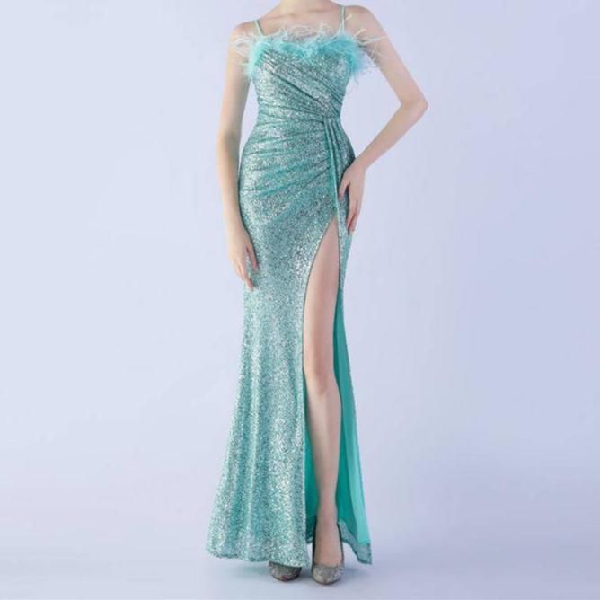 Hot Fashionista - Women's Online Fashion Dress | Annabeth Spaghetti Straps Feathered Maxi Dress