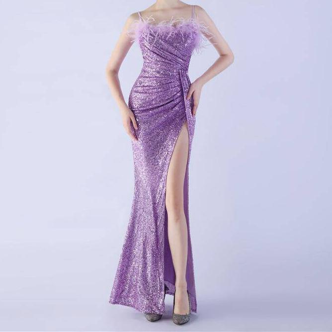 Hot Fashionista - Women's Online Fashion Dress | Annabeth Spaghetti Straps Feathered Maxi Dress