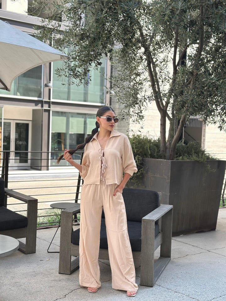 Hot Fashionista - Women's Online Fashion Dress | Casual Wide Leg Pants & Long Sleeve Front Tie Set