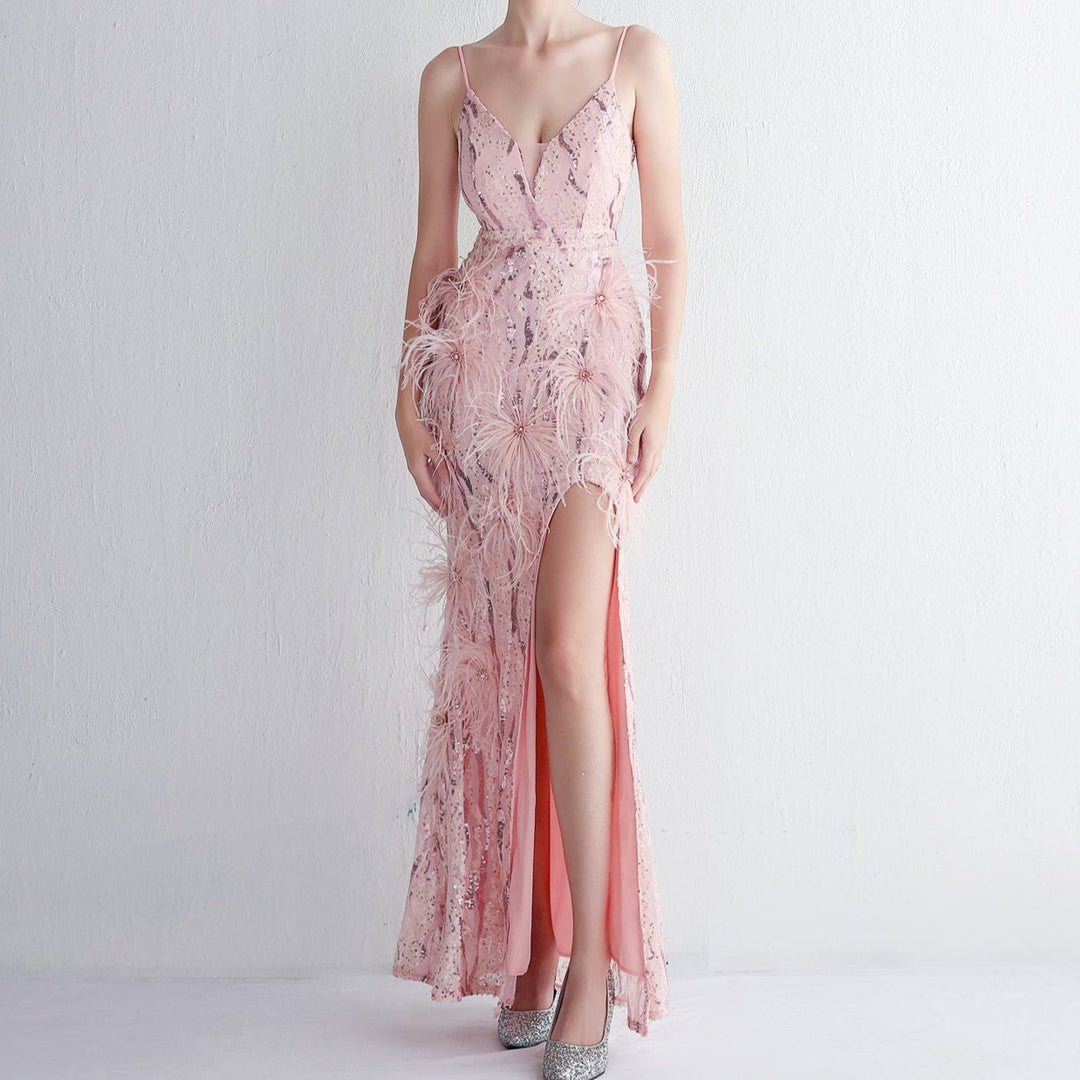 Hot Fashionista - Women's Online Fashion Dress | Catherine Strap Flower Beading Craft Feathered Banquet Maxi Dress