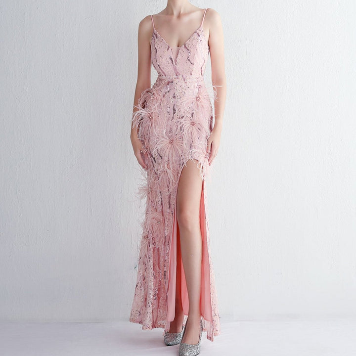 Hot Fashionista - Women's Online Fashion Dress | Catherine Strap Flower Beading Craft Feathered Banquet Maxi Dress