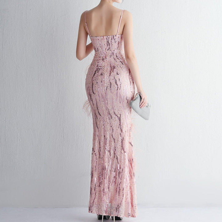 Hot Fashionista - Women's Online Fashion Dress | Catherine Strap Flower Beading Craft Feathered Banquet Maxi Dress