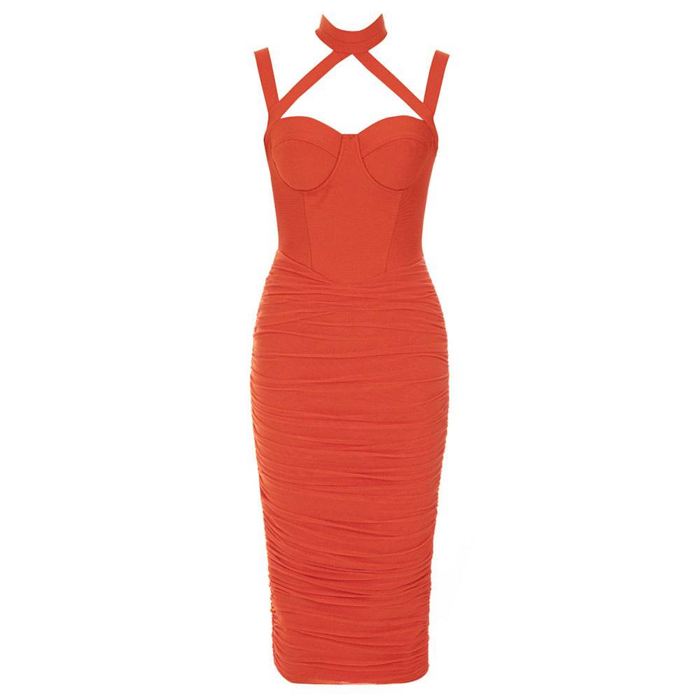 Hot Fashionista - Women's Online Fashion Dress | Ceri Crisscross Front Ruched Mesh Midi Dress
