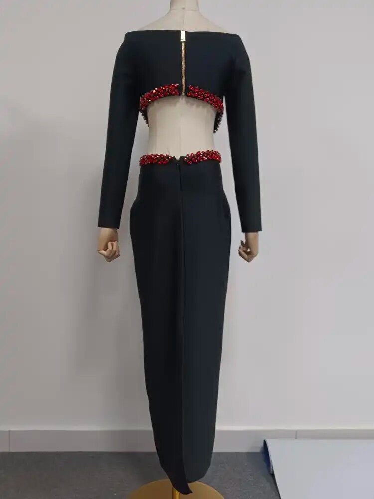 Regina black maxi dress featuring red crystal embroidery on the waist cut-out and back - Hot fashionista