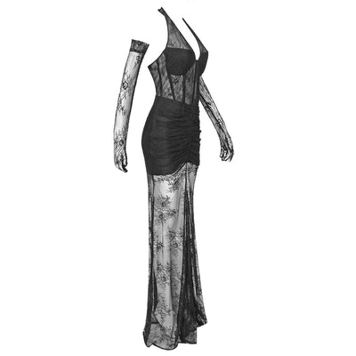 Satin Halter Bustier Lace Mermaid Maxi Dress - Hot fashionista