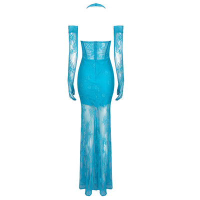 Satin Halter Bustier Lace Mermaid Maxi Dress - Hot fashionista