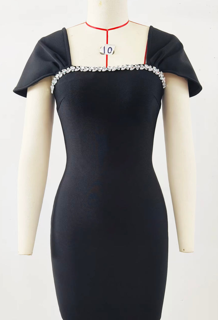 Elegant  Hourglass Evening Gown with Crystal Neckline & Flutter Sleeves - Hot fashionista