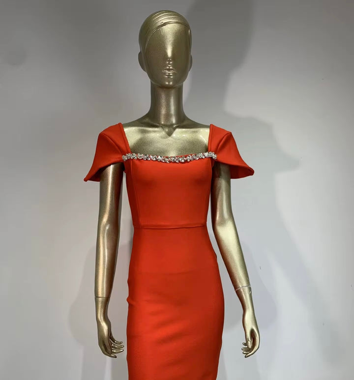 Elegant  Hourglass Evening Gown with Crystal Neckline & Flutter Sleeves - Hot fashionista