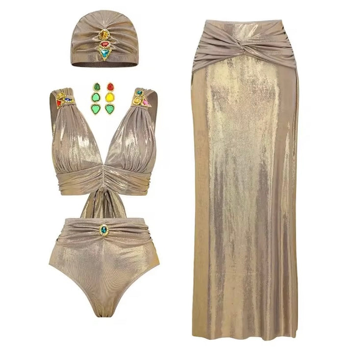 Jade Rhinestone Silk Satin Velvet 4 piece Bikini with Maxi Skirt