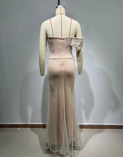 Zenaide One-sided Sleeves Mesh Pearl Beads Maxi Dress - Hot fashionista