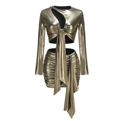 Metallic long sleeve mini skirt set - Hot fashionista