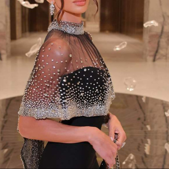 Indie Beaded Tulle Cape Gown in Crepe - Hot fashionista