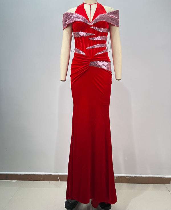 Indigo Halter Sequin Corset Maxi Dress - Hot fashionista