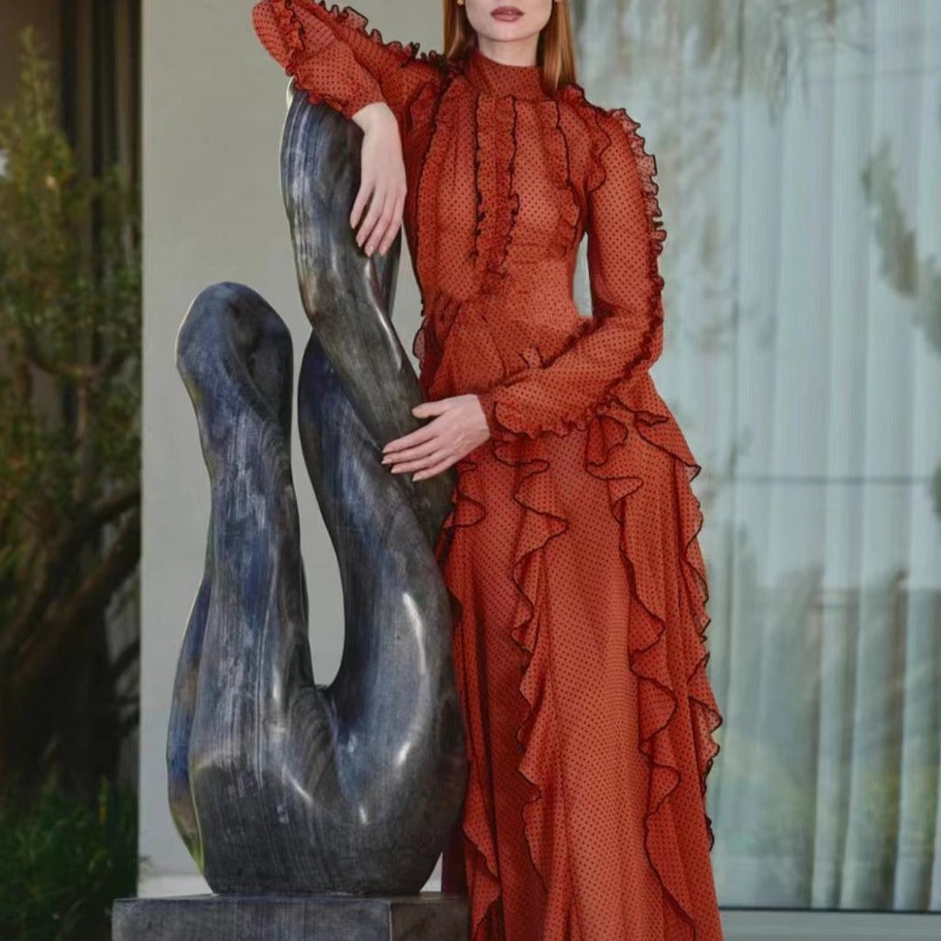 Hot Fashionista Journee Long-Sleeve Mock Neck Ruffle-Trim Dotted Mesh Maxi Dress
