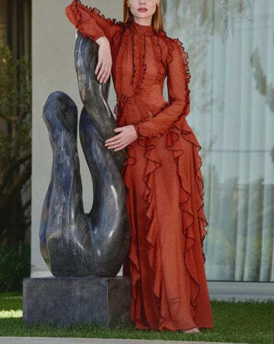 Hot Fashionista Journee Long-Sleeve Mock Neck Ruffle-Trim Dotted Mesh Maxi Dress