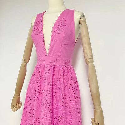 Hot Fashionista Joy Button Down Embroidered Maxi Dress