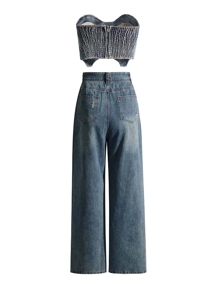 Kendall Strapless Top & Flared Denim Pants Sets - Hot fashionista