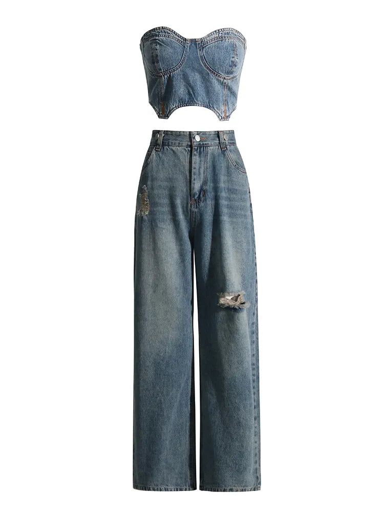 Kendall Strapless Top & Flared Denim Pants Sets - Hot fashionista