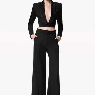 Hot Fashionista Laura One Buttoned Rhinestone Crop Blazer & Flared Pants Set
