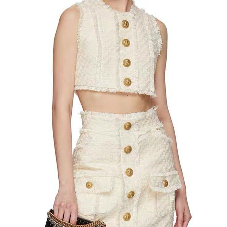 Hot Fashionista Lizette Sleeveless Tweed Crop Top & Tweed Pencil Skirt Set