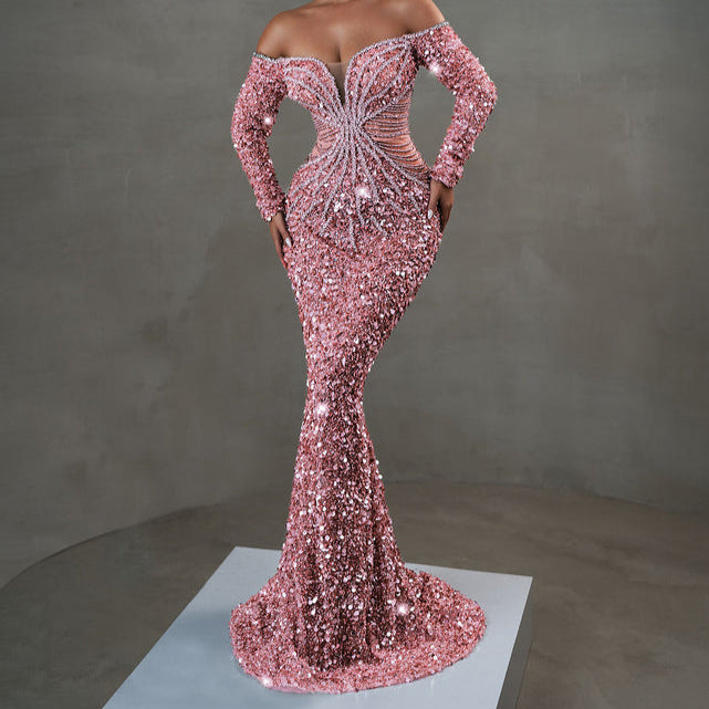 Marigold Long Sleeve Bardot Crystal Sequin Maxi Dress - Hot fashionista